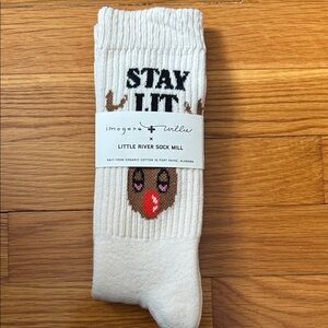 imogene + willie Cream Crew Socks with Reindeer Face and 'Stay Lit' Text